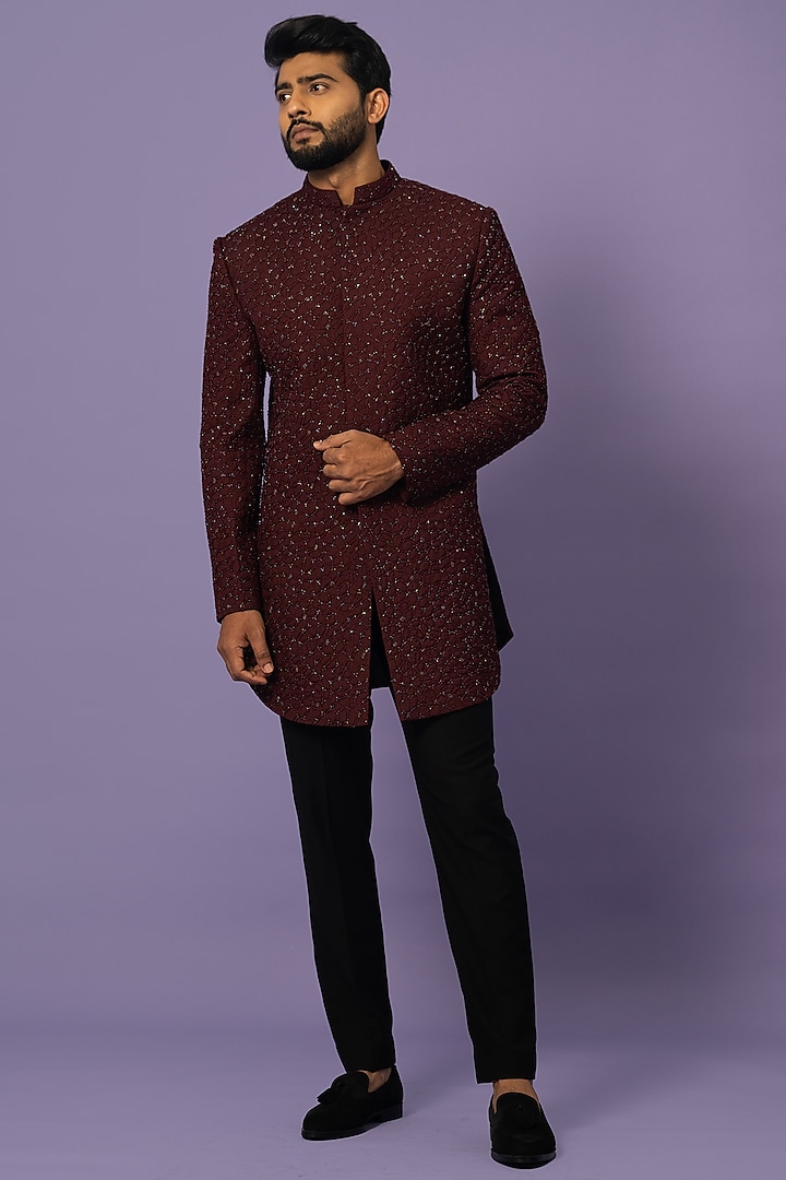 Wine Suiting Embroidered Achkan Jacket Set by YOSEBA