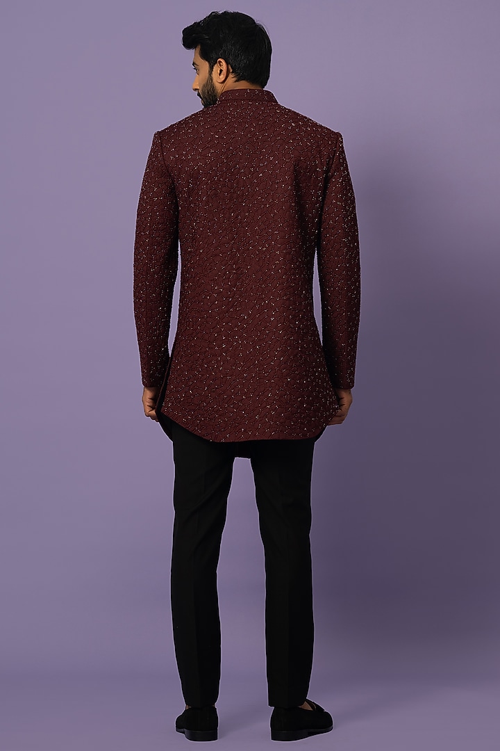 Wine Suiting Embroidered Achkan Jacket Set by YOSEBA at Pernia's Pop Up Shop