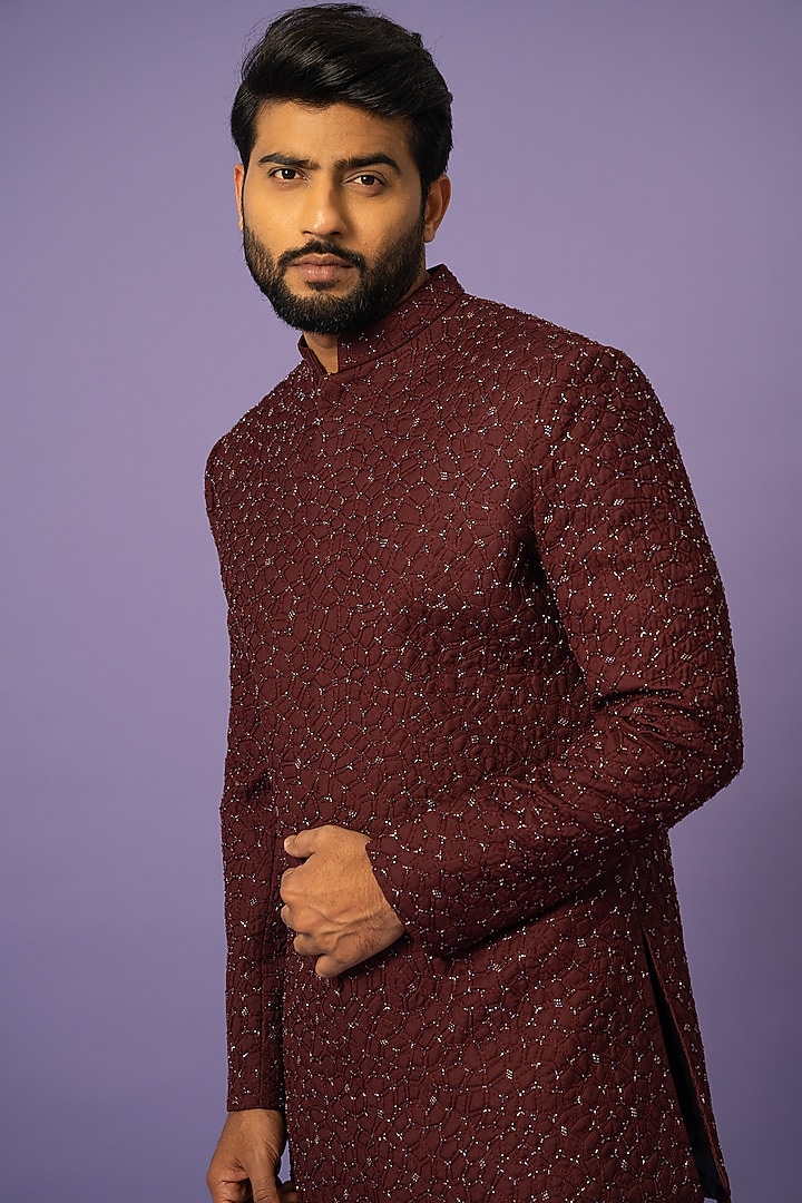 Wine Suiting Embroidered Achkan Jacket Set by YOSEBA at Pernia's Pop Up Shop