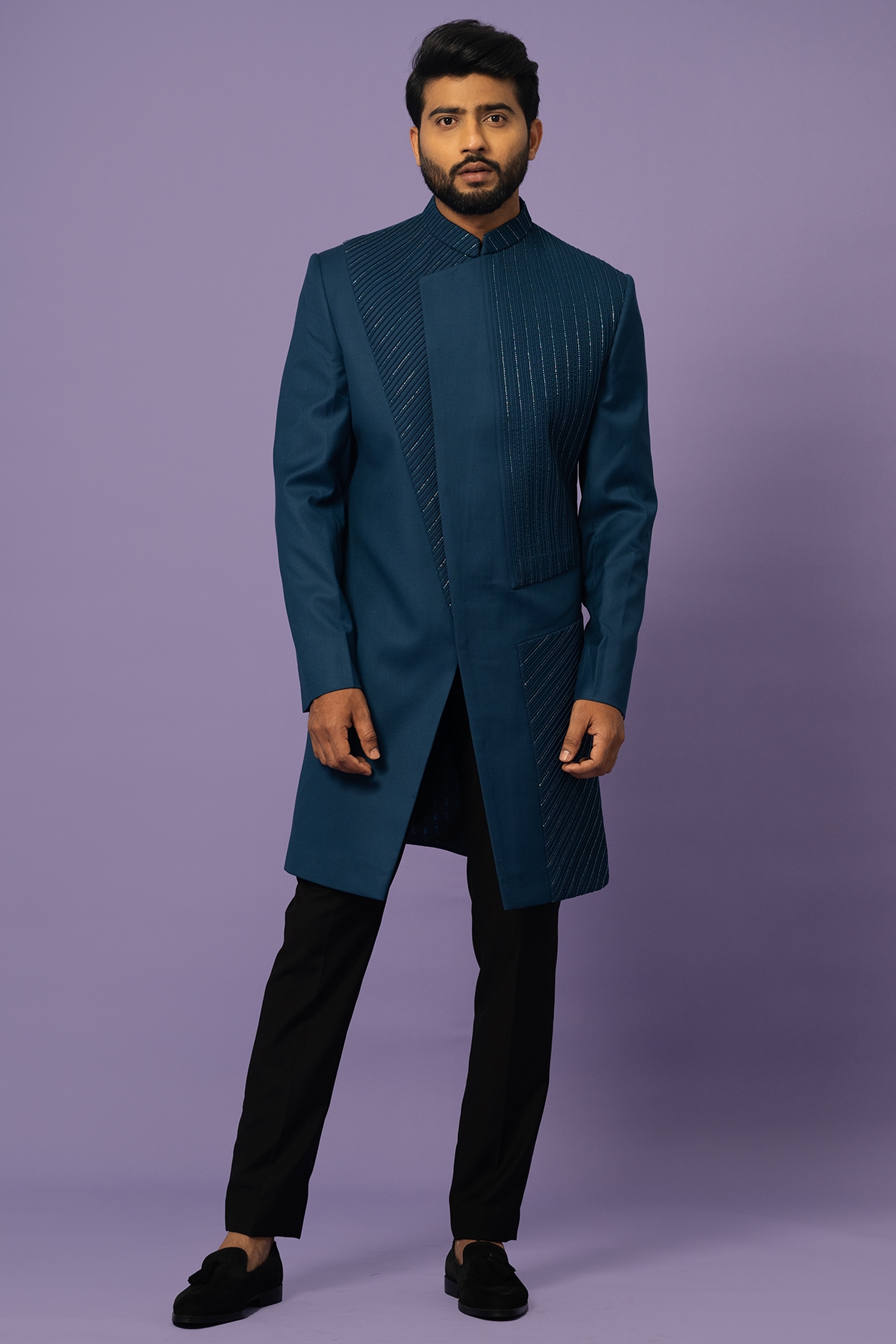 YOSEBA Teal Suiting Embellished Achkan Jacket Set