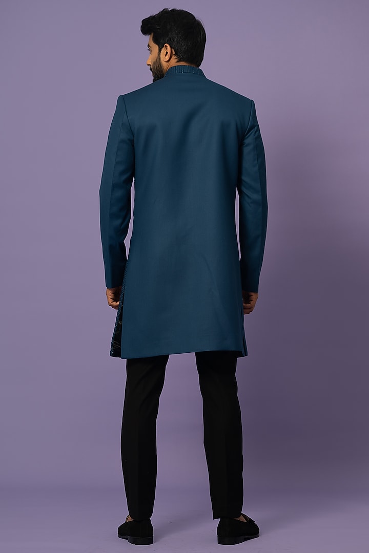 Teal Suiting Embellished Achkan Jacket Set by YOSEBA at Pernia's Pop Up Shop