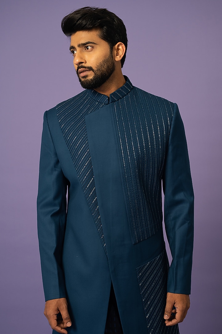 Teal Suiting Embellished Achkan Jacket Set by YOSEBA at Pernia's Pop Up Shop
