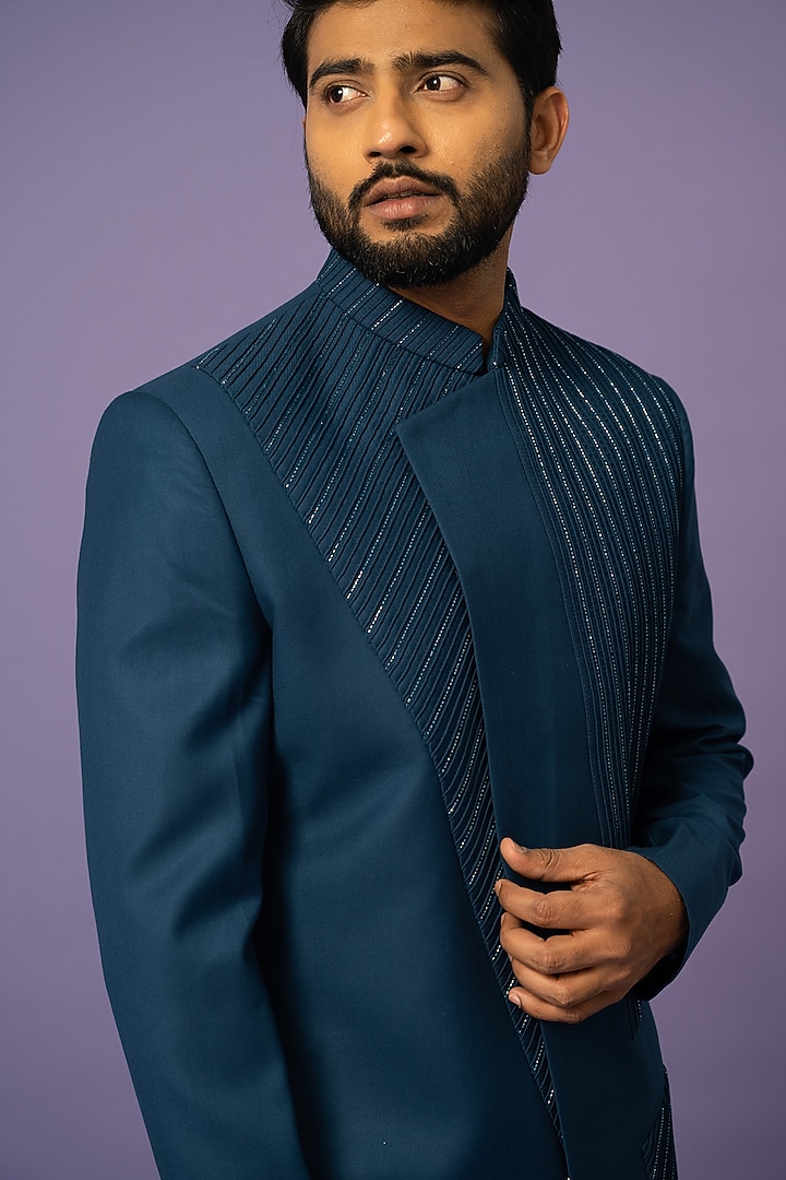 Teal Suiting Embellished Achkan Jacket Set by YOSEBA at Pernia's Pop Up Shop