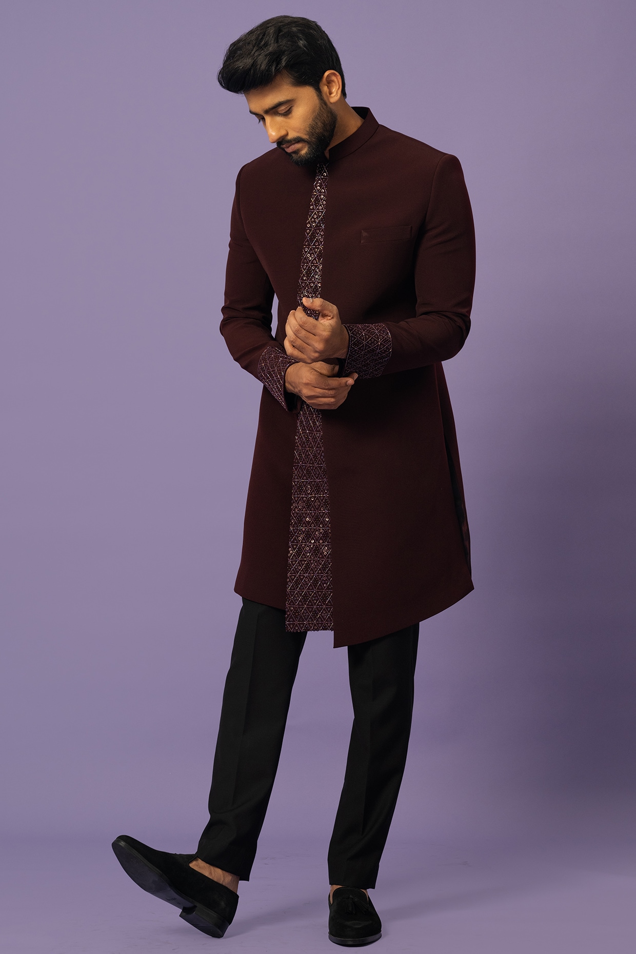 YOSEBA Dark Wine Suiting Embroidered Achkan Jacket Set