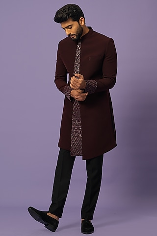 Dark Wine Suiting Embroidered Achkan Jacket Set by YOSEBA