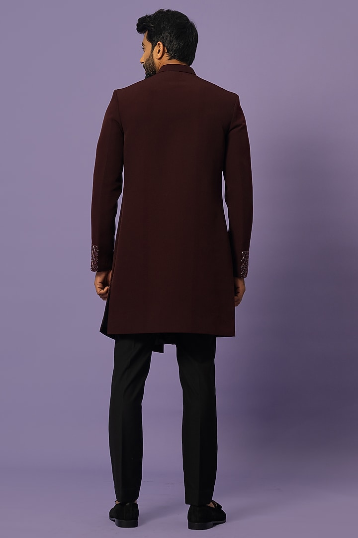 Dark Wine Suiting Embroidered Achkan Jacket Set by YOSEBA at Pernia's Pop Up Shop