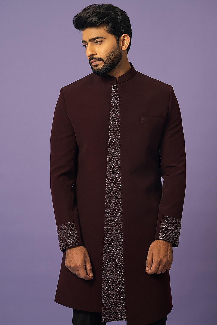 Dark Wine Suiting Embroidered Achkan Jacket Set by YOSEBA at Pernia's Pop Up Shop
