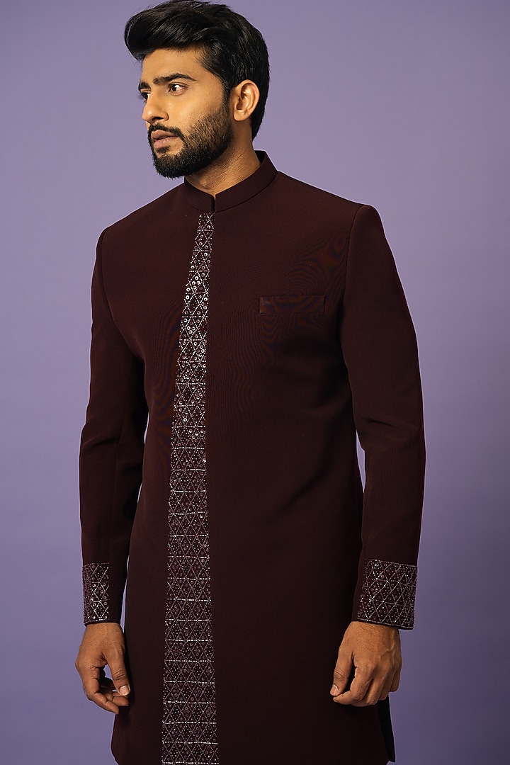 Dark Wine Suiting Embroidered Achkan Jacket Set by YOSEBA at Pernia's Pop Up Shop