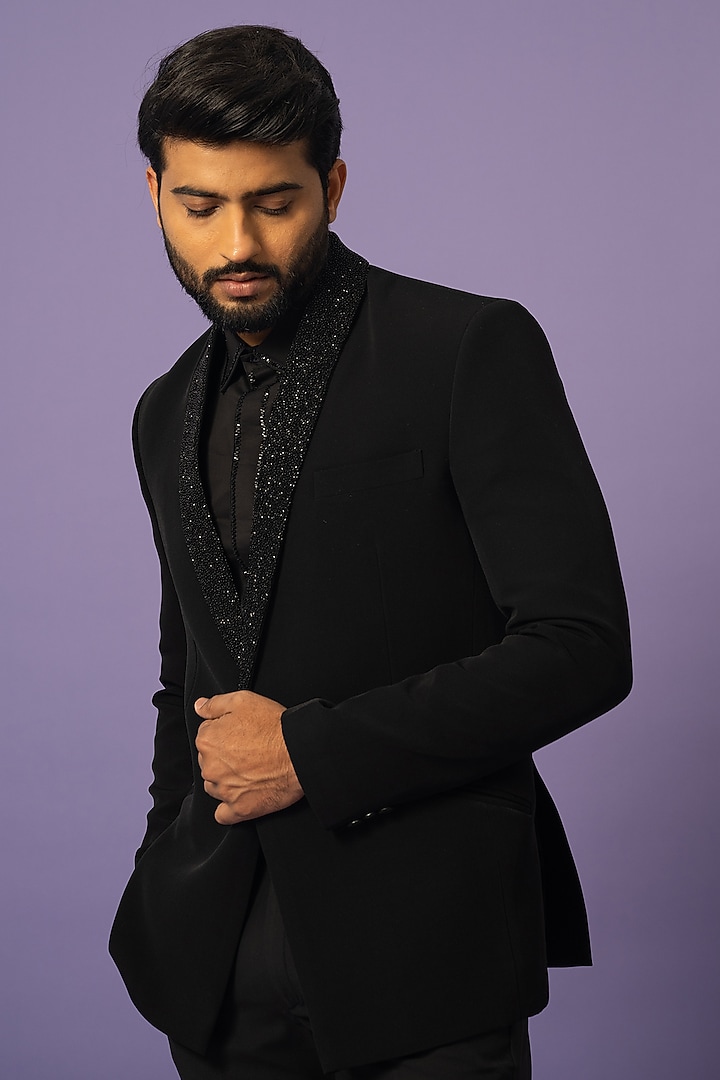 Black Stretch Embellished Blazer Set by YOSEBA at Pernia's Pop Up Shop