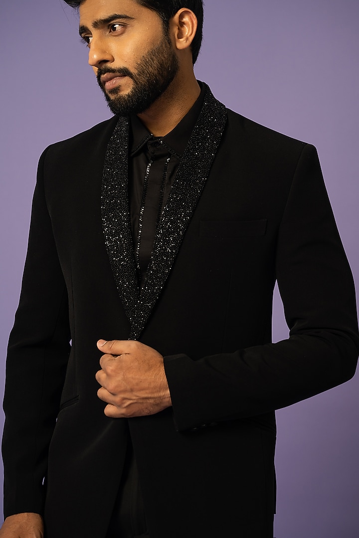 Black Stretch Embellished Blazer Set by YOSEBA at Pernia's Pop Up Shop