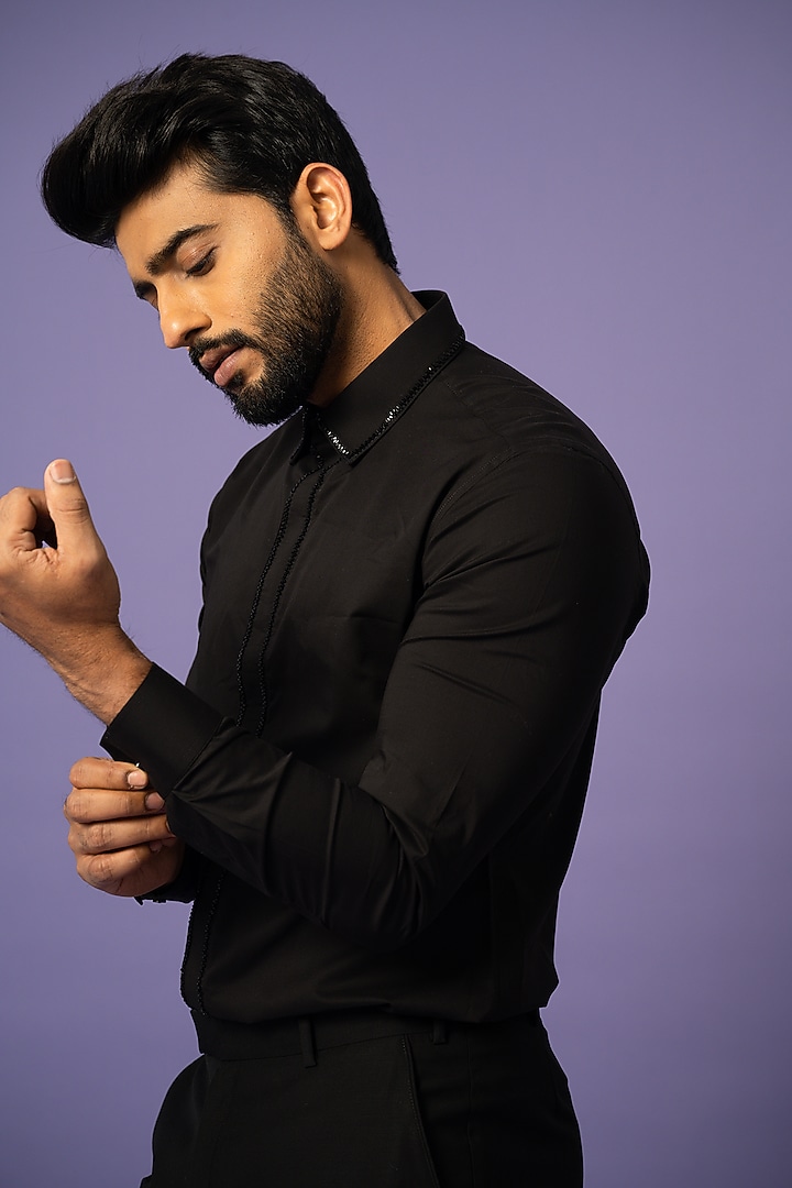 Black Cotton Party Wear Shirt by YOSEBA at Pernia's Pop Up Shop