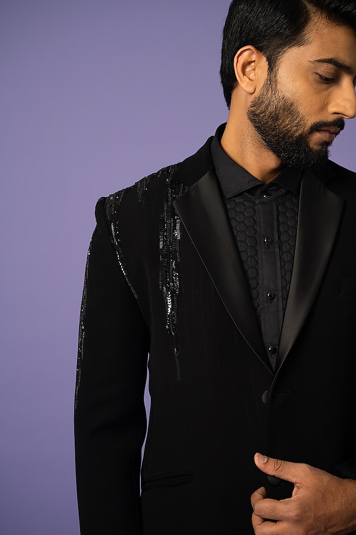 Black Stretch Embellished Blazer Set by YOSEBA at Pernia's Pop Up Shop