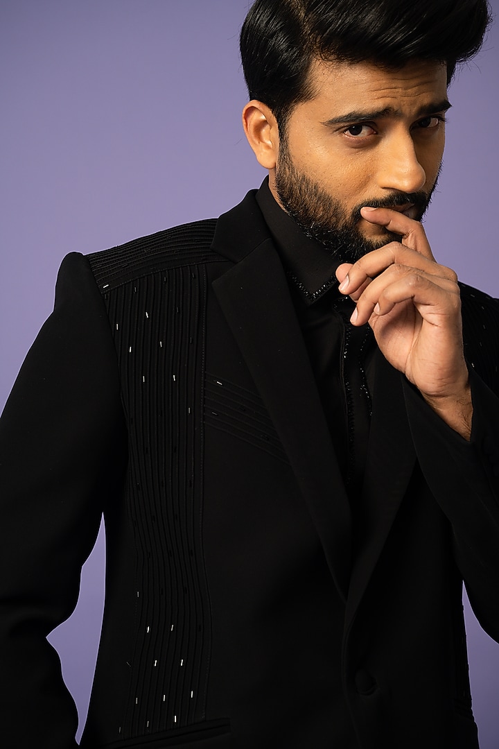 Black Stretch Blazer Set by YOSEBA at Pernia's Pop Up Shop