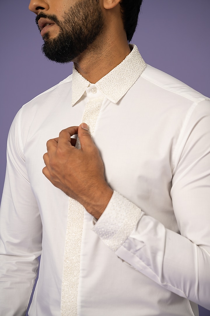 Ivory Cotton Embellished Party Wear Shirt by YOSEBA at Pernia's Pop Up Shop