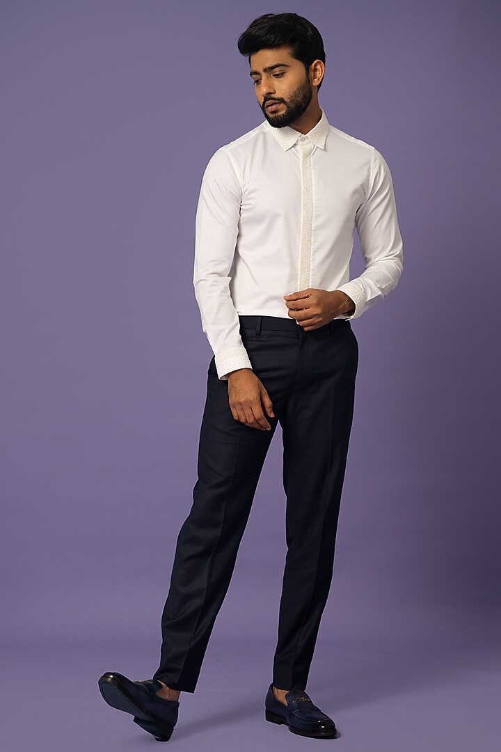 Ivory Cotton Embellished Party Wear Shirt by YOSEBA at Pernia's Pop Up Shop