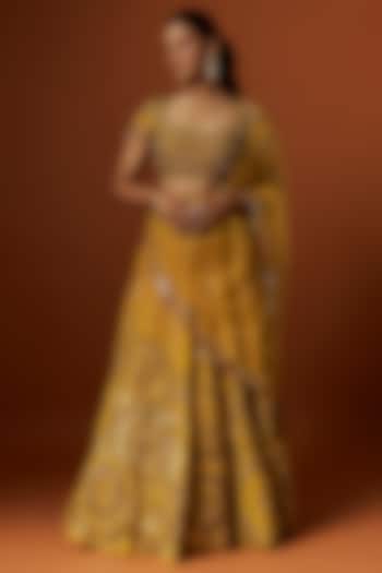 Mustard Yellow Crepe Hand Embroidered Wedding Lehenga Set by Yoshita Couture at Pernia's Pop Up Shop