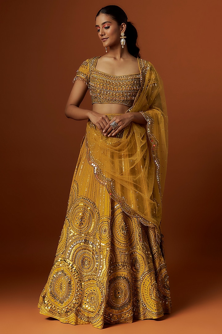 Mustard Yellow Crepe Hand Embroidered Wedding Lehenga Set by Yoshita Couture at Pernia's Pop Up Shop
