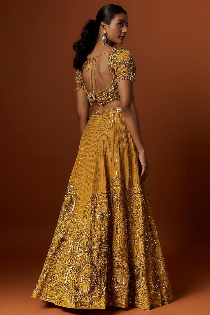 Mustard Yellow Crepe Hand Embroidered Wedding Lehenga Set by Yoshita Couture at Pernia's Pop Up Shop