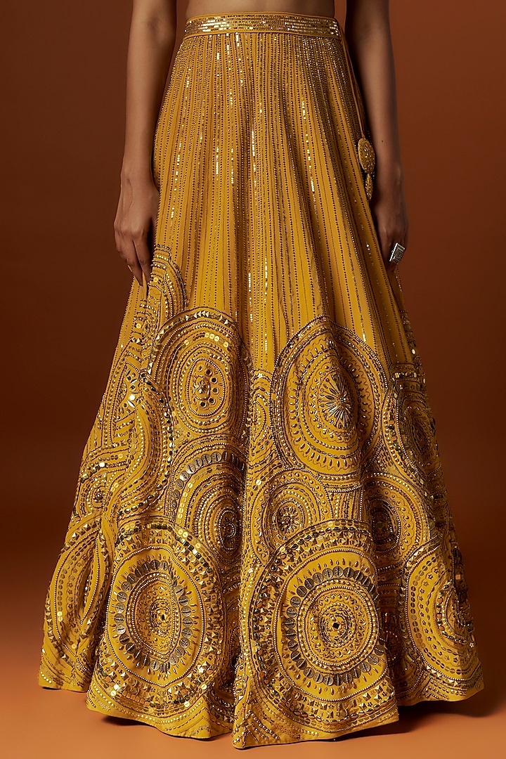 Mustard Yellow Crepe Hand Embroidered Wedding Lehenga Set by Yoshita Couture at Pernia's Pop Up Shop