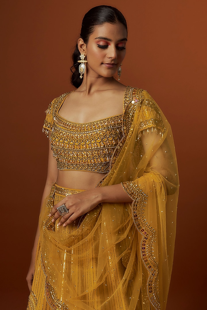 Mustard Yellow Crepe Hand Embroidered Wedding Lehenga Set by Yoshita Couture at Pernia's Pop Up Shop