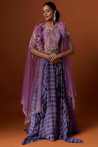 Purple Crepe Hand Embroidered Jacket Lehenga Set by Yoshita Couture
