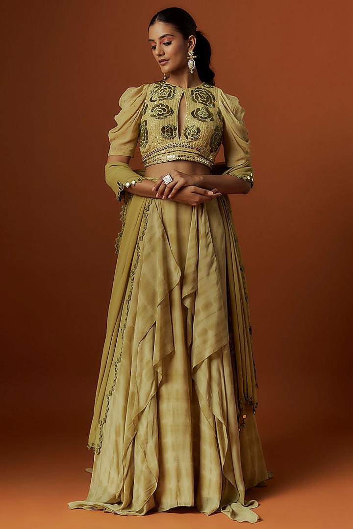 Olive Green Crepe Hand Embroidered & Tie-Dyed Lehenga Set by Yoshita Couture