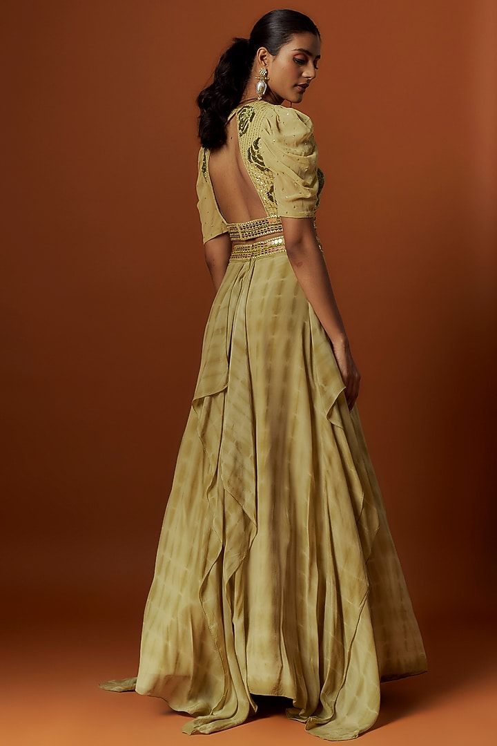 Olive Green Crepe Hand Embroidered & Tie-Dyed Wedding Lehenga Set by Yoshita Couture at Pernia's Pop Up Shop