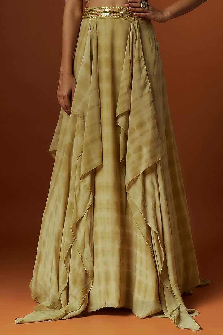 Olive Green Crepe Hand Embroidered & Tie-Dyed Wedding Lehenga Set by Yoshita Couture at Pernia's Pop Up Shop
