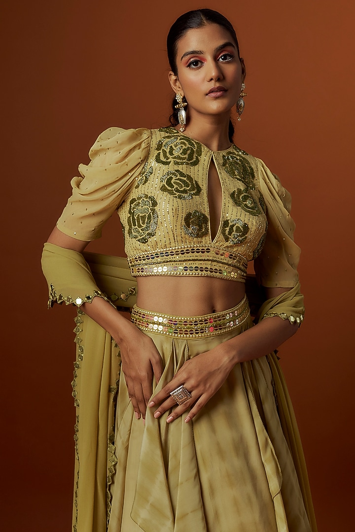 Olive Green Crepe Hand Embroidered & Tie-Dyed Wedding Lehenga Set by Yoshita Couture at Pernia's Pop Up Shop