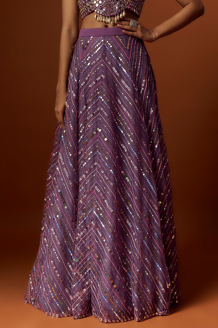 Purple Net Hand Embroidered Wedding Lehenga Set by Yoshita Couture at Pernia's Pop Up Shop