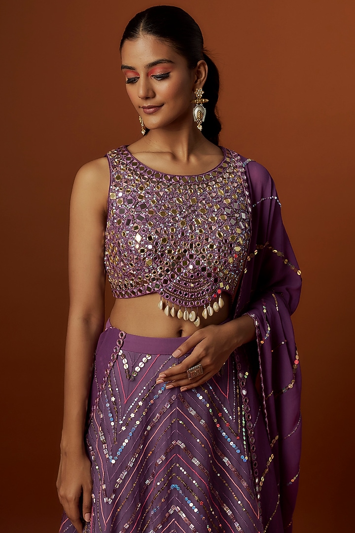 Purple Net Hand Embroidered Wedding Lehenga Set by Yoshita Couture at Pernia's Pop Up Shop