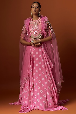 Pink Crepe Hand Embroidered & Bandhani Printed Jacket Lehenga Set by Yoshita Couture