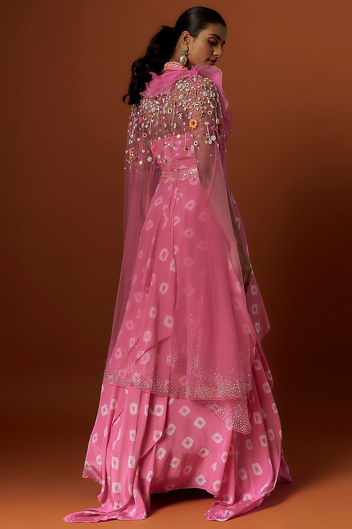 Pink Crepe Hand Embroidered & Bandhani Printed Jacket Wedding Lehenga Set by Yoshita Couture at Pernia's Pop Up Shop