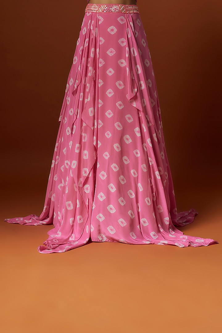 Pink Crepe Hand Embroidered & Bandhani Printed Jacket Wedding Lehenga Set by Yoshita Couture at Pernia's Pop Up Shop