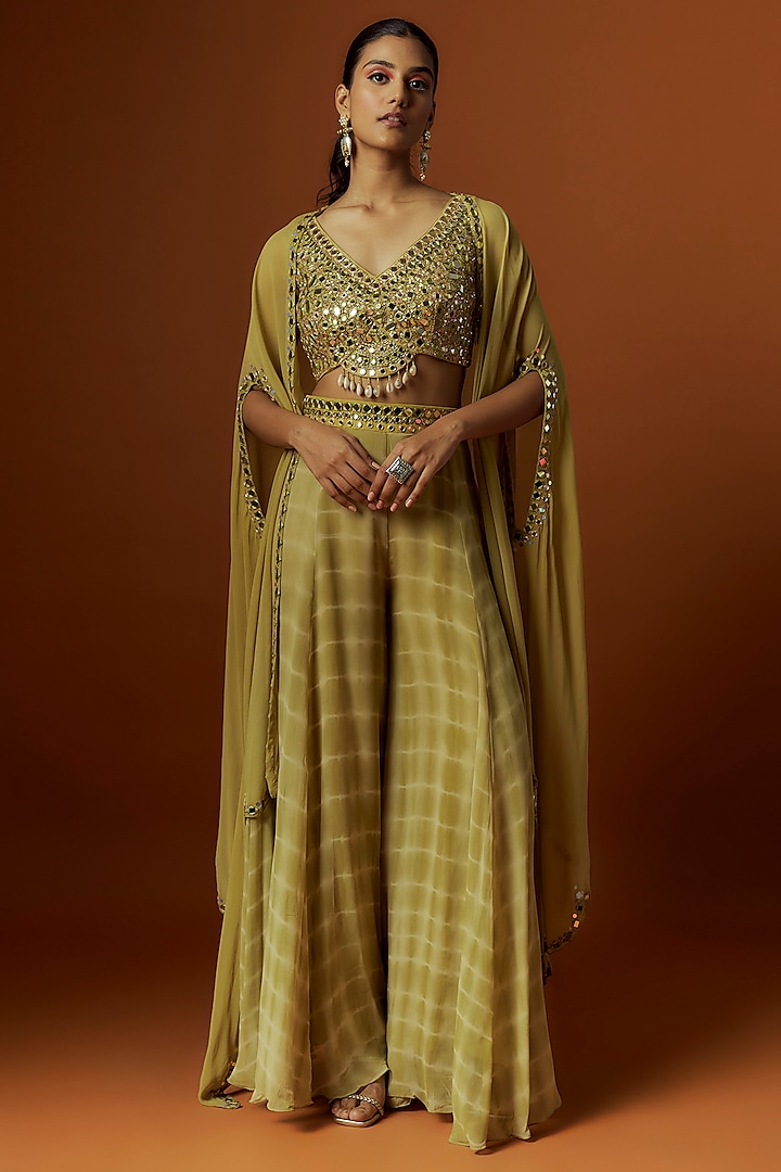 Olive Green Georgette Tie-Dye Printed Sharara Set by Yoshita Couture