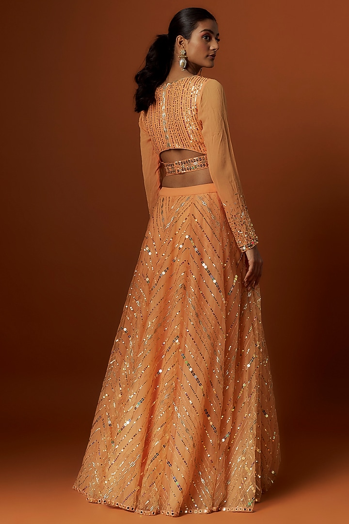 Peach-Orange Net Hand Embroidered Wedding Lehenga Set by Yoshita Couture at Pernia's Pop Up Shop