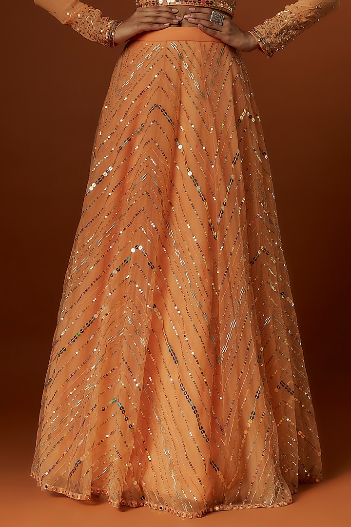 Peach-Orange Net Hand Embroidered Wedding Lehenga Set by Yoshita Couture at Pernia's Pop Up Shop