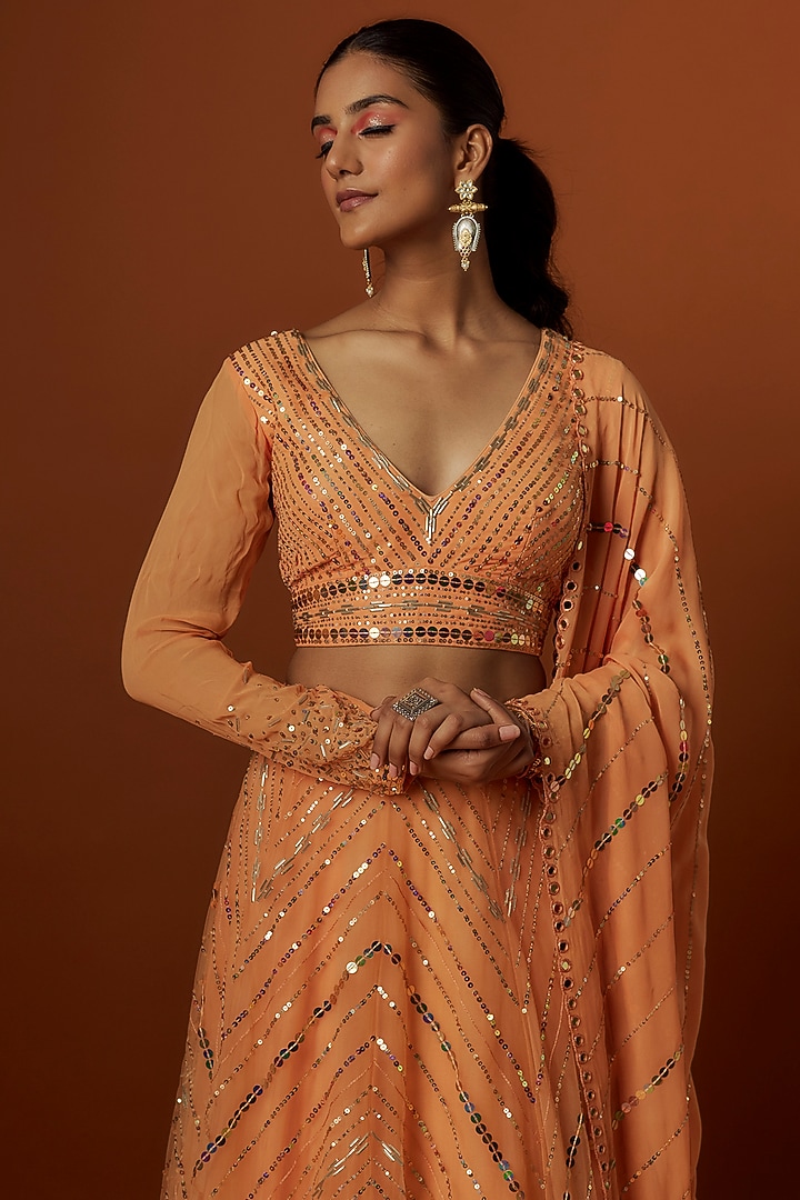 Peach-Orange Net Hand Embroidered Wedding Lehenga Set by Yoshita Couture at Pernia's Pop Up Shop