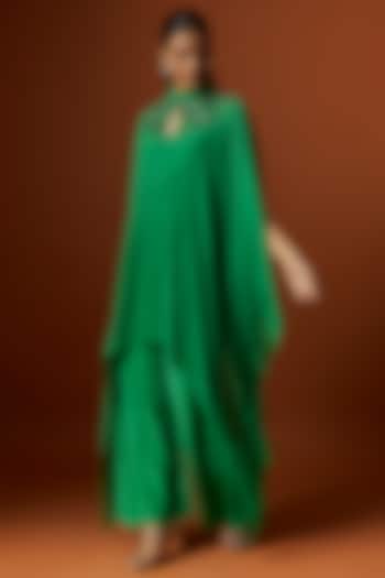 Parrot Green Georgette Glass Bead Embroidered Kaftan Set by Yoshita Couture