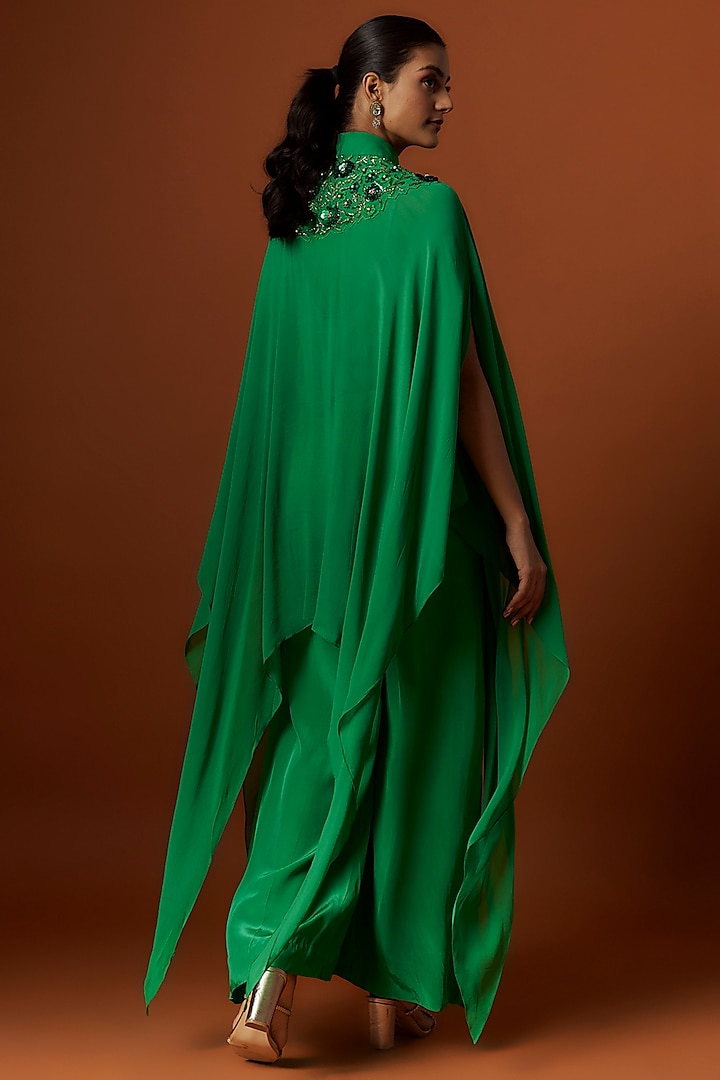 Light Green Beads Embroidery Kaftan Set With Feather