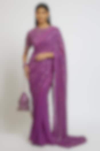 Purple Georgette & Satin Sequins Hand Embroidered Wedding Saree Set by Yoshita Couture at Pernia's Pop Up Shop