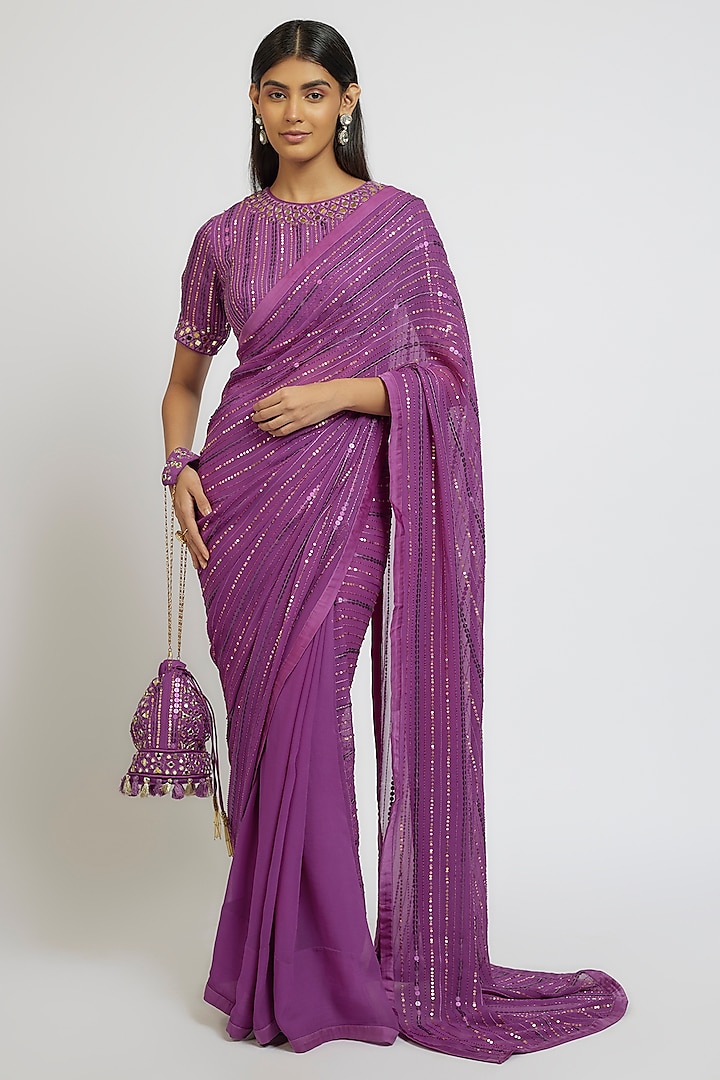 Purple Georgette & Satin Sequins Hand Embroidered Wedding Saree Set by Yoshita Couture at Pernia's Pop Up Shop