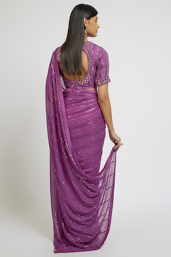 Purple Georgette & Satin Sequins Hand Embroidered Wedding Saree Set by Yoshita Couture at Pernia's Pop Up Shop