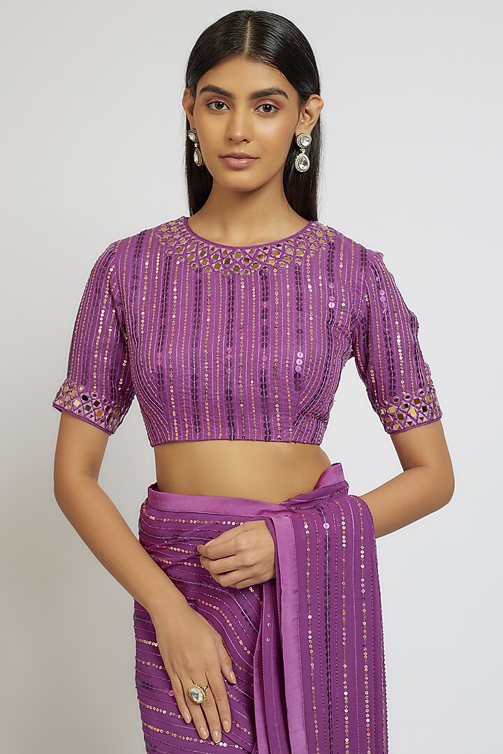 Purple Georgette & Satin Sequins Hand Embroidered Wedding Saree Set by Yoshita Couture at Pernia's Pop Up Shop