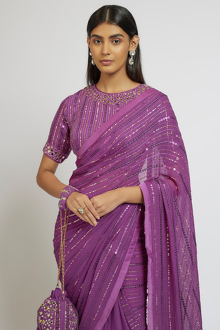 Purple Georgette & Satin Sequins Hand Embroidered Wedding Saree Set by Yoshita Couture at Pernia's Pop Up Shop