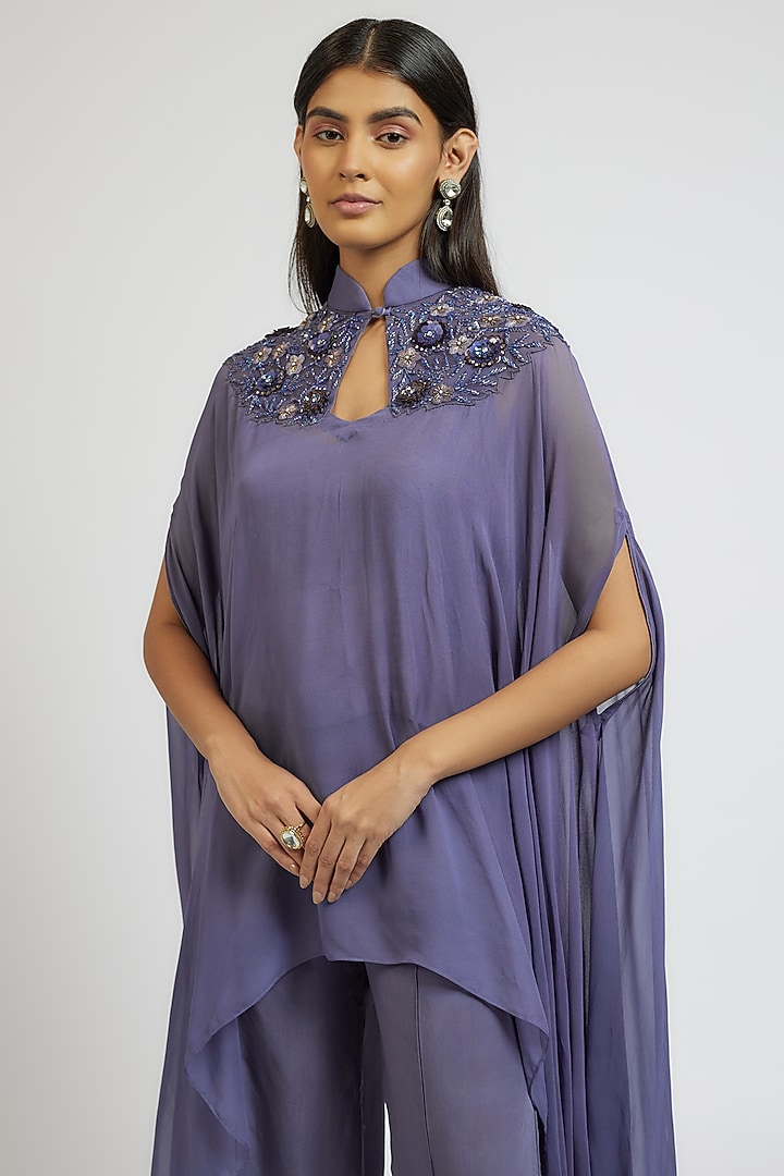 Greyish Blue Crepe & Georgette Cutdana Embroidered Kaftan Set by Yoshita Couture at Pernia's Pop Up Shop