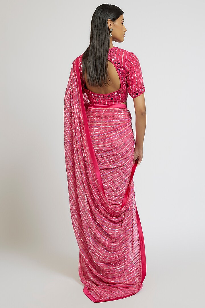 Pink Georgette Sequins Hand Embroidered Tie-Dye Wedding Saree Set by Yoshita Couture at Pernia's Pop Up Shop