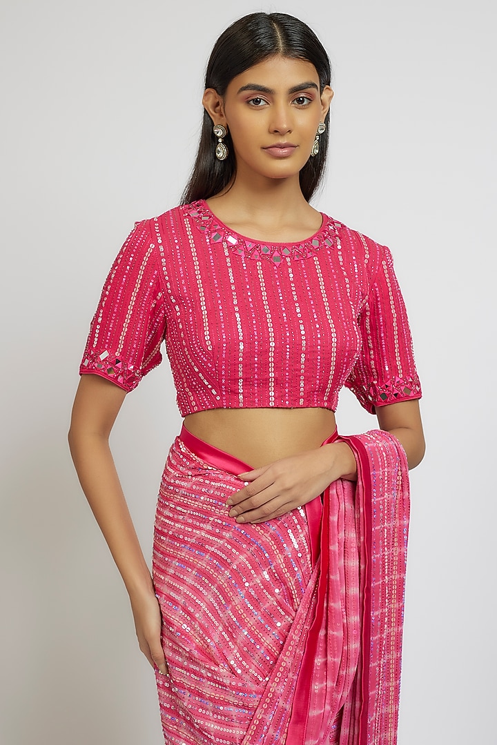 Pink Georgette Sequins Hand Embroidered Tie-Dye Wedding Saree Set by Yoshita Couture at Pernia's Pop Up Shop