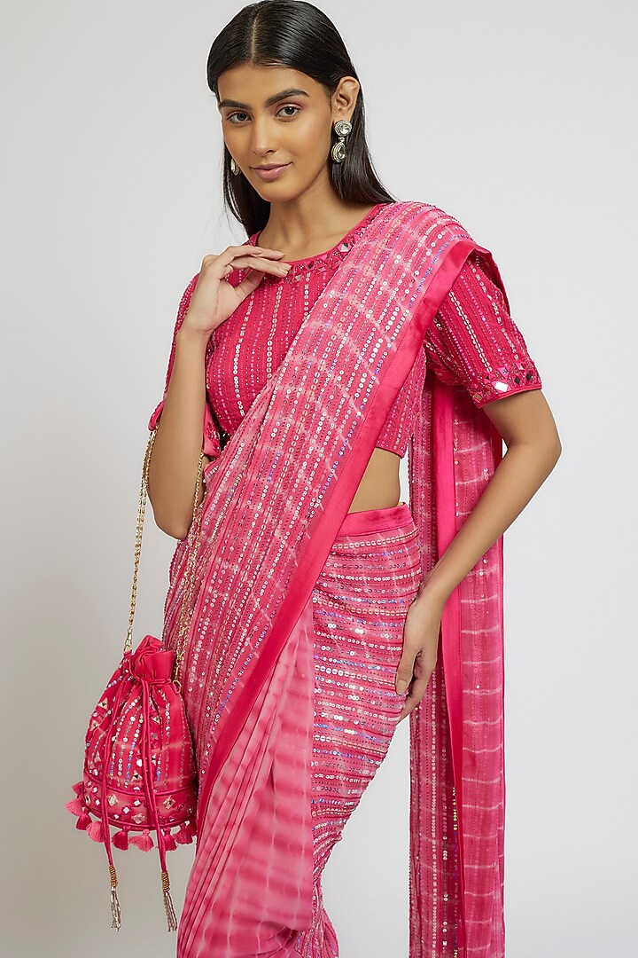 Pink Georgette Sequins Hand Embroidered Tie-Dye Wedding Saree Set by Yoshita Couture at Pernia's Pop Up Shop