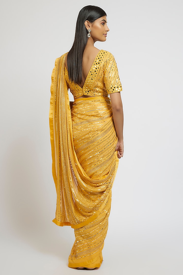 Yellow Georgette Sequins Hand Embroidered Wedding Saree Set by Yoshita Couture at Pernia's Pop Up Shop